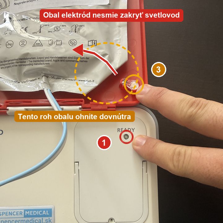 CardioAid-1 s otvoreným krytom: roh obalu elektród ohnite dovnútra, aby nezakrýval svetlovod v kryte nad kontrolkou READY