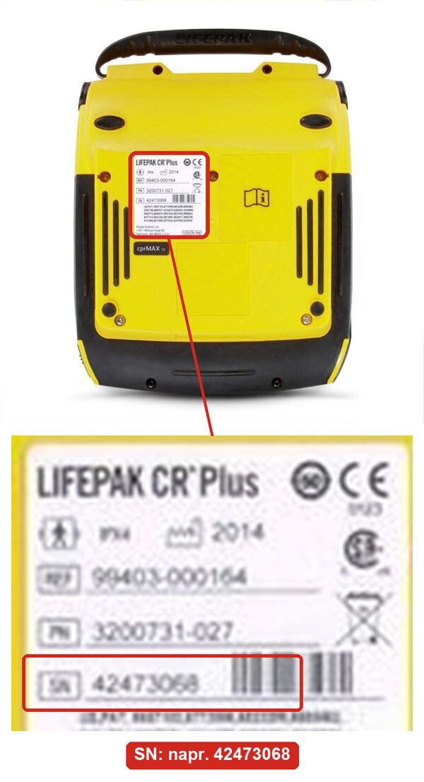 LIFEPAK CR Plus zozadu: biely štítok vľavo, vyznačený riadok SN s číslom 42473068