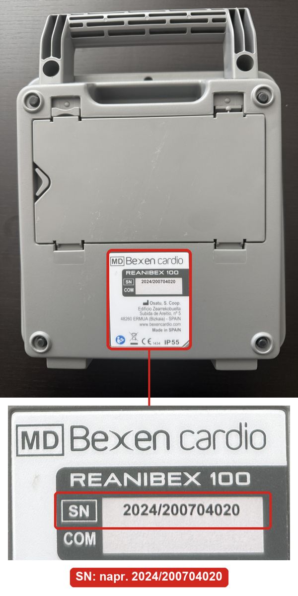 Reanibex 100 zozadu: biely štítok Bexen cardio dole, vyznačený riadok SN s číslom 2024/200704020
