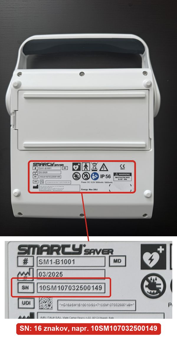 Smarty Saver zozadu: biely štítok pod krytom batérie, vyznačený riadok SN s číslom 10SM107032500149